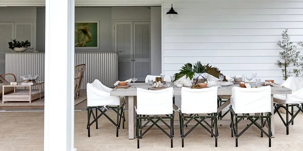 Three Birds Renovations Outdoor Dining Setting Including Hampton Dining Table And Bahama Folding Chair Cream Black