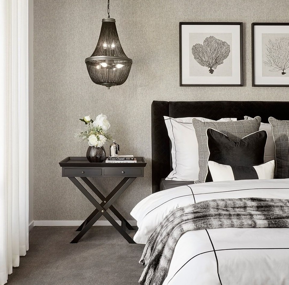 Black Bedside and Black Chandelier